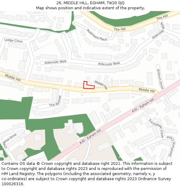 26, MIDDLE HILL, EGHAM, TW20 0JQ: Location map and indicative extent of plot