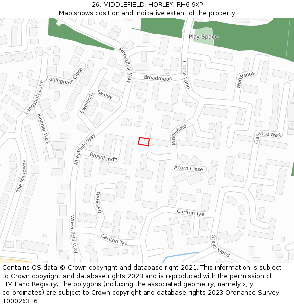 26, MIDDLEFIELD, HORLEY, RH6 9XP: Location map and indicative extent of plot