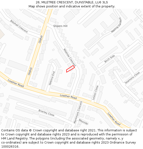 26, MILETREE CRESCENT, DUNSTABLE, LU6 3LS: Location map and indicative extent of plot