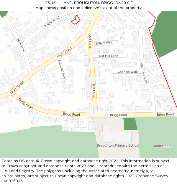 26, MILL LANE, BROUGHTON, BRIGG, DN20 0JE: Location map and indicative extent of plot