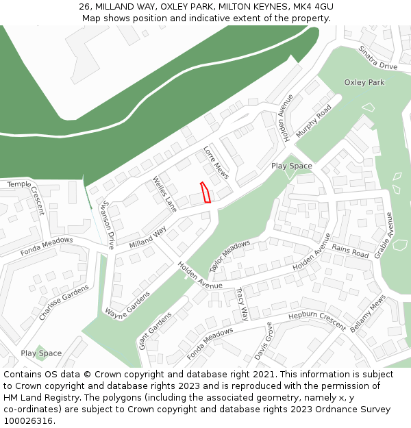 26, MILLAND WAY, OXLEY PARK, MILTON KEYNES, MK4 4GU: Location map and indicative extent of plot