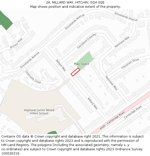 26, MILLARD WAY, HITCHIN, SG4 0QE: Location map and indicative extent of plot