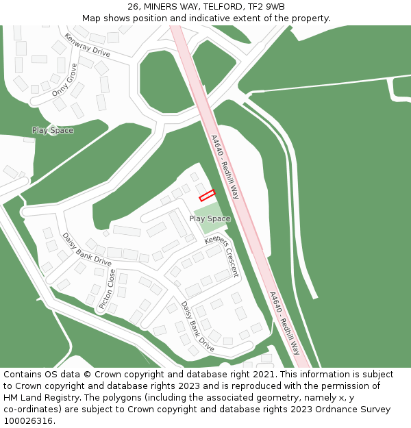 26, MINERS WAY, TELFORD, TF2 9WB: Location map and indicative extent of plot