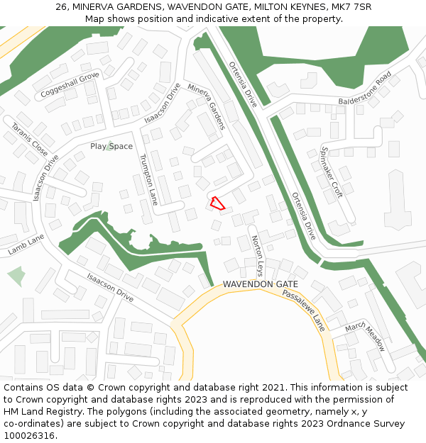 26, MINERVA GARDENS, WAVENDON GATE, MILTON KEYNES, MK7 7SR: Location map and indicative extent of plot