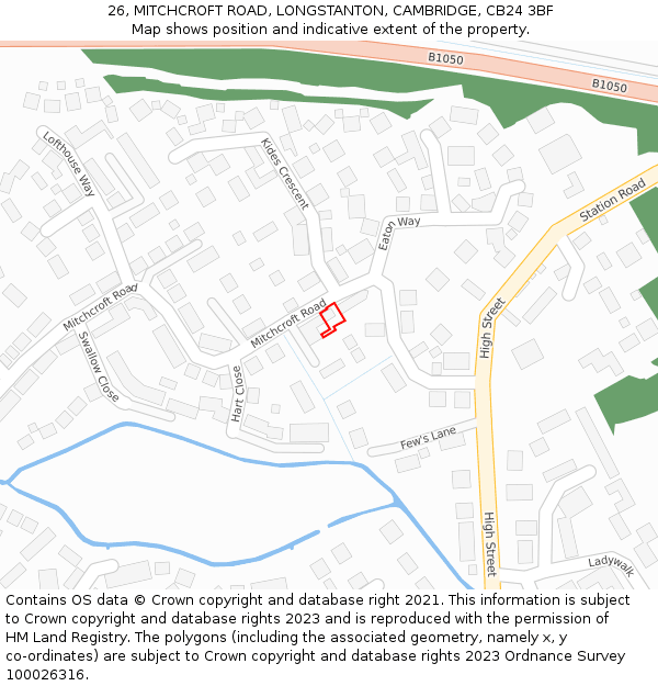 26, MITCHCROFT ROAD, LONGSTANTON, CAMBRIDGE, CB24 3BF: Location map and indicative extent of plot