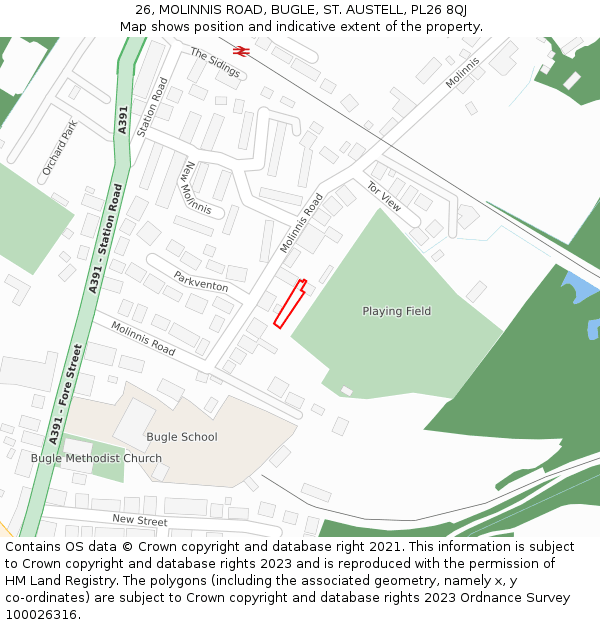 26, MOLINNIS ROAD, BUGLE, ST. AUSTELL, PL26 8QJ: Location map and indicative extent of plot