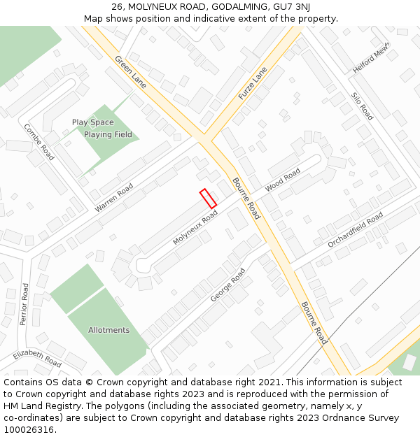 26, MOLYNEUX ROAD, GODALMING, GU7 3NJ: Location map and indicative extent of plot