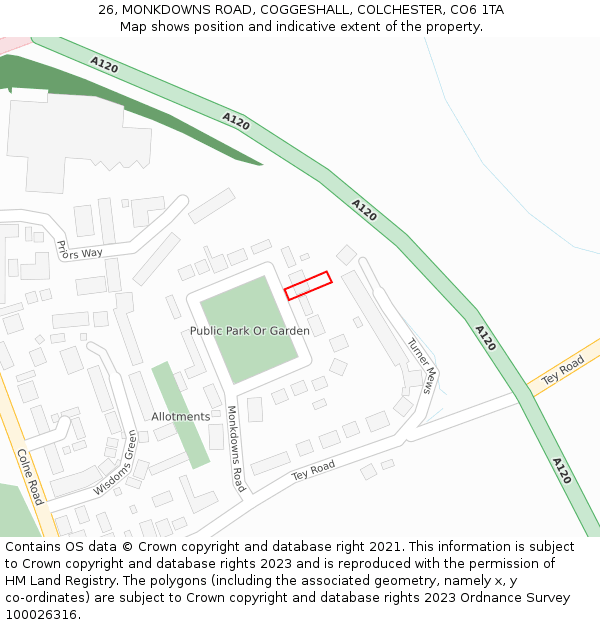 26, MONKDOWNS ROAD, COGGESHALL, COLCHESTER, CO6 1TA: Location map and indicative extent of plot