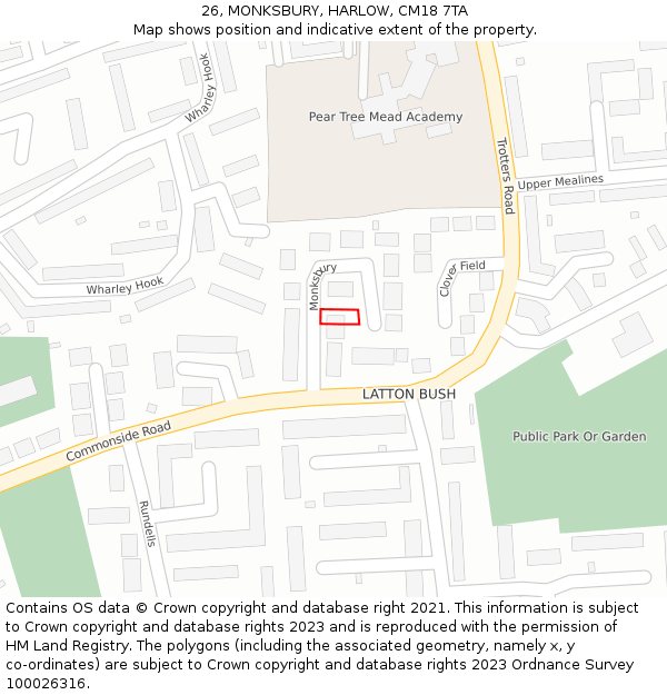 26, MONKSBURY, HARLOW, CM18 7TA: Location map and indicative extent of plot