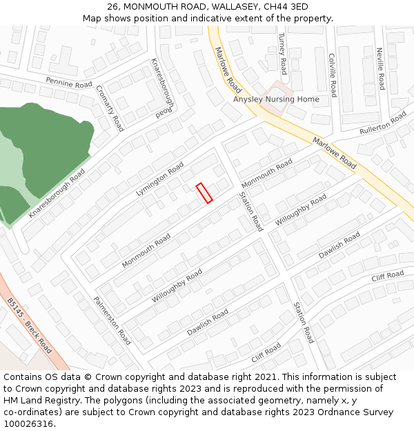 26, MONMOUTH ROAD, WALLASEY, CH44 3ED: Location map and indicative extent of plot