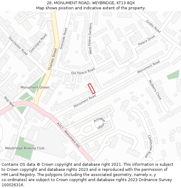 26, MONUMENT ROAD, WEYBRIDGE, KT13 8QX: Location map and indicative extent of plot
