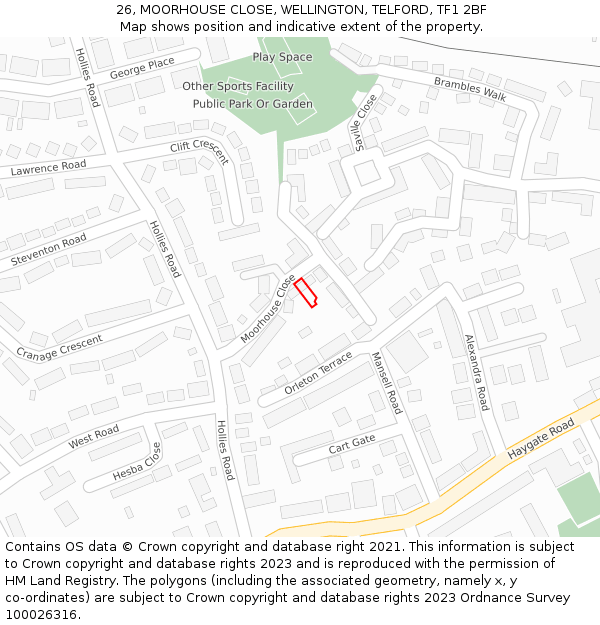 26, MOORHOUSE CLOSE, WELLINGTON, TELFORD, TF1 2BF: Location map and indicative extent of plot