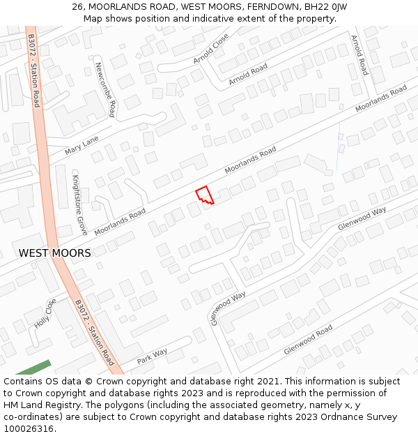 26, MOORLANDS ROAD, WEST MOORS, FERNDOWN, BH22 0JW: Location map and indicative extent of plot