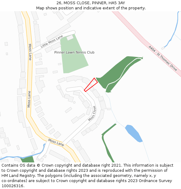 26, MOSS CLOSE, PINNER, HA5 3AY: Location map and indicative extent of plot