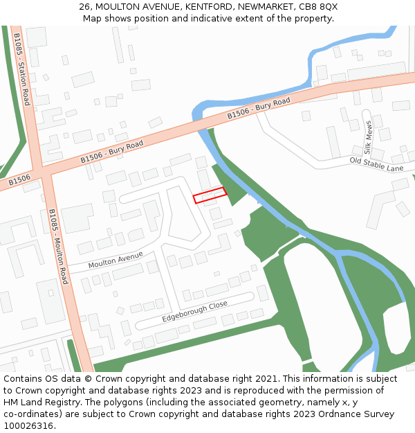 26, MOULTON AVENUE, KENTFORD, NEWMARKET, CB8 8QX: Location map and indicative extent of plot