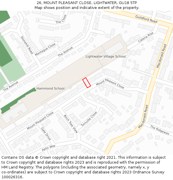 26, MOUNT PLEASANT CLOSE, LIGHTWATER, GU18 5TP: Location map and indicative extent of plot