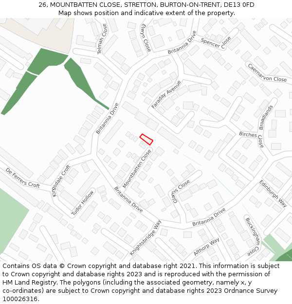 26, MOUNTBATTEN CLOSE, STRETTON, BURTON-ON-TRENT, DE13 0FD: Location map and indicative extent of plot