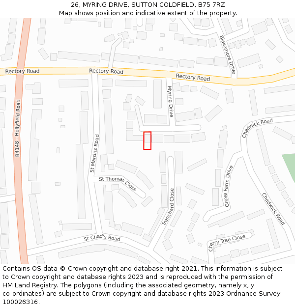 26, MYRING DRIVE, SUTTON COLDFIELD, B75 7RZ: Location map and indicative extent of plot