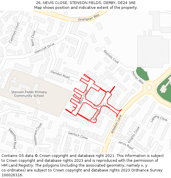 26, NEVIS CLOSE, STENSON FIELDS, DERBY, DE24 3AE: Location map and indicative extent of plot