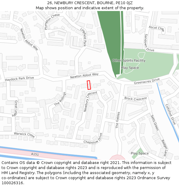 26, NEWBURY CRESCENT, BOURNE, PE10 0JZ: Location map and indicative extent of plot