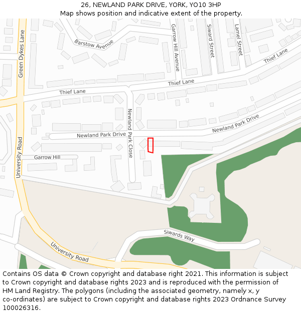 26, NEWLAND PARK DRIVE, YORK, YO10 3HP: Location map and indicative extent of plot