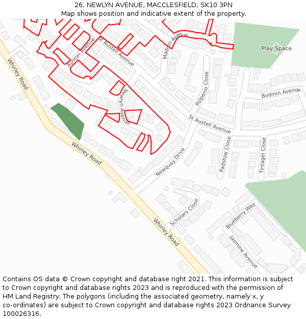 26, NEWLYN AVENUE, MACCLESFIELD, SK10 3PN: Location map and indicative extent of plot