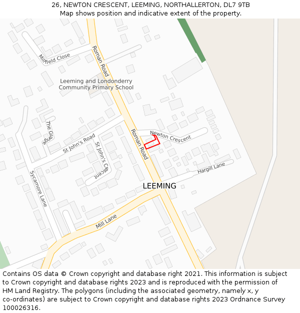 26, NEWTON CRESCENT, LEEMING, NORTHALLERTON, DL7 9TB: Location map and indicative extent of plot
