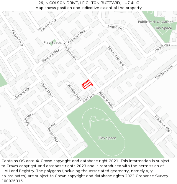 26, NICOLSON DRIVE, LEIGHTON BUZZARD, LU7 4HG: Location map and indicative extent of plot