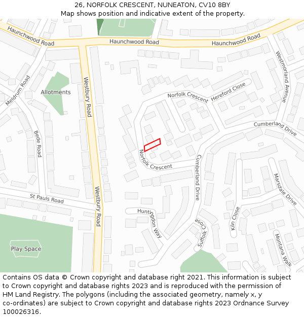 26, NORFOLK CRESCENT, NUNEATON, CV10 8BY: Location map and indicative extent of plot