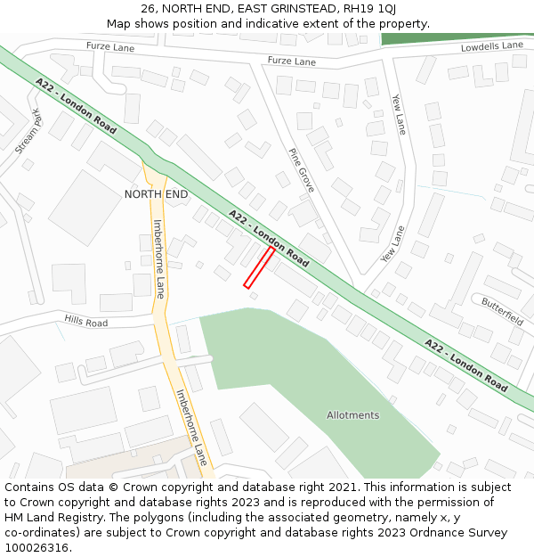 26, NORTH END, EAST GRINSTEAD, RH19 1QJ: Location map and indicative extent of plot