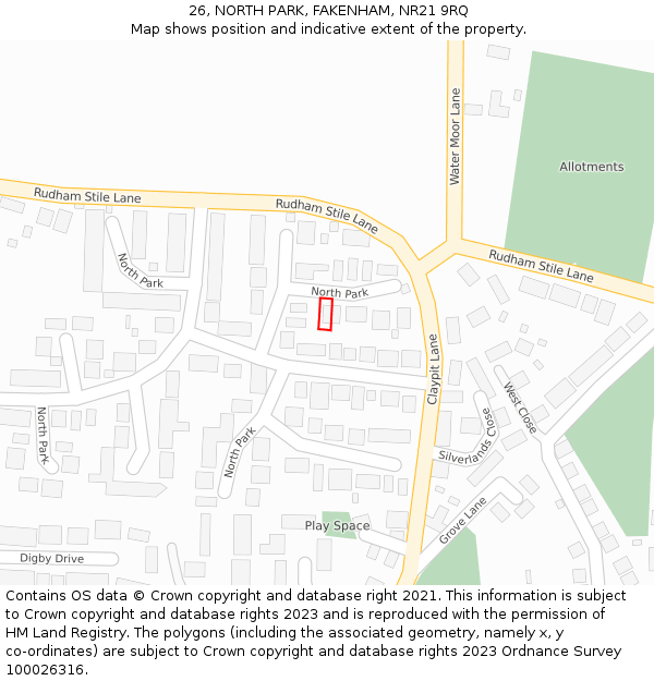 26, NORTH PARK, FAKENHAM, NR21 9RQ: Location map and indicative extent of plot