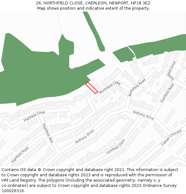 26, NORTHFIELD CLOSE, CAERLEON, NEWPORT, NP18 3EZ: Location map and indicative extent of plot