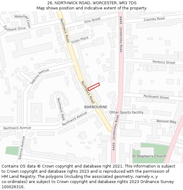 26, NORTHWICK ROAD, WORCESTER, WR3 7DS: Location map and indicative extent of plot