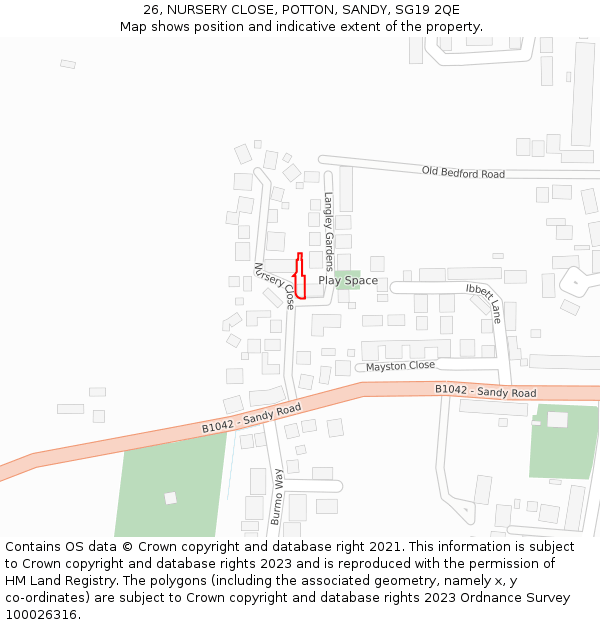 26, NURSERY CLOSE, POTTON, SANDY, SG19 2QE: Location map and indicative extent of plot