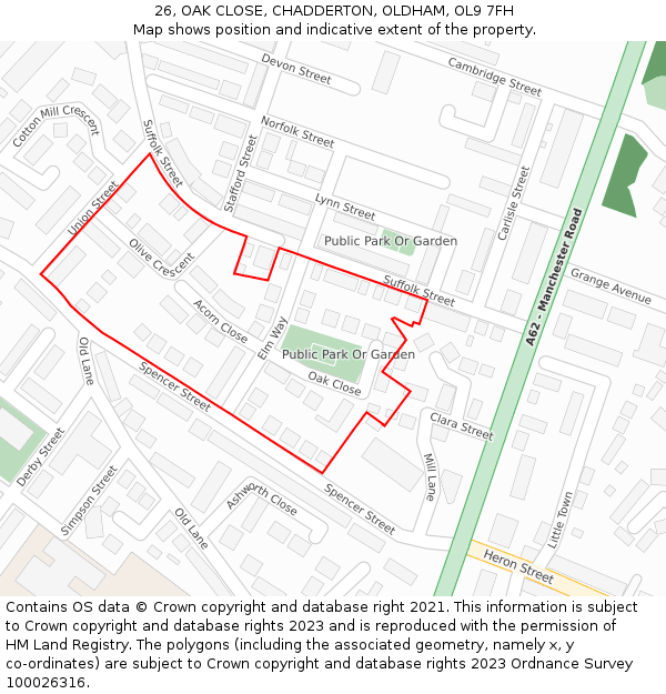 26, OAK CLOSE, CHADDERTON, OLDHAM, OL9 7FH: Location map and indicative extent of plot