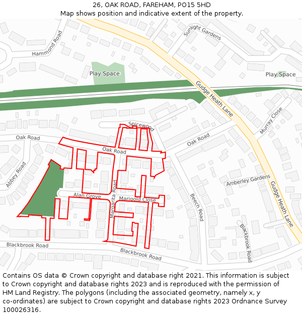 26, OAK ROAD, FAREHAM, PO15 5HD: Location map and indicative extent of plot