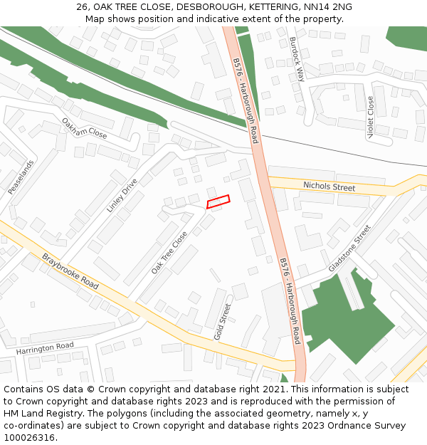 26, OAK TREE CLOSE, DESBOROUGH, KETTERING, NN14 2NG: Location map and indicative extent of plot