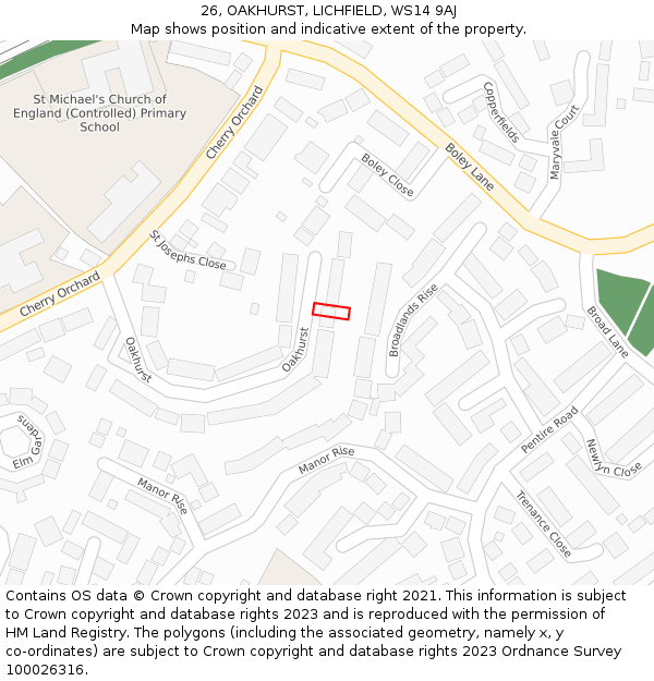 26, OAKHURST, LICHFIELD, WS14 9AJ: Location map and indicative extent of plot