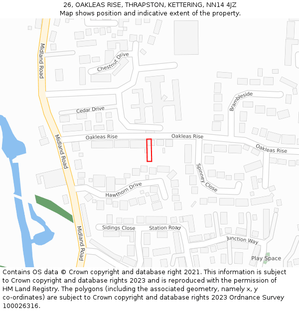 26, OAKLEAS RISE, THRAPSTON, KETTERING, NN14 4JZ: Location map and indicative extent of plot