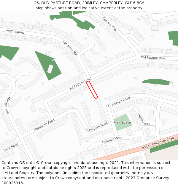 26, OLD PASTURE ROAD, FRIMLEY, CAMBERLEY, GU16 8SA: Location map and indicative extent of plot