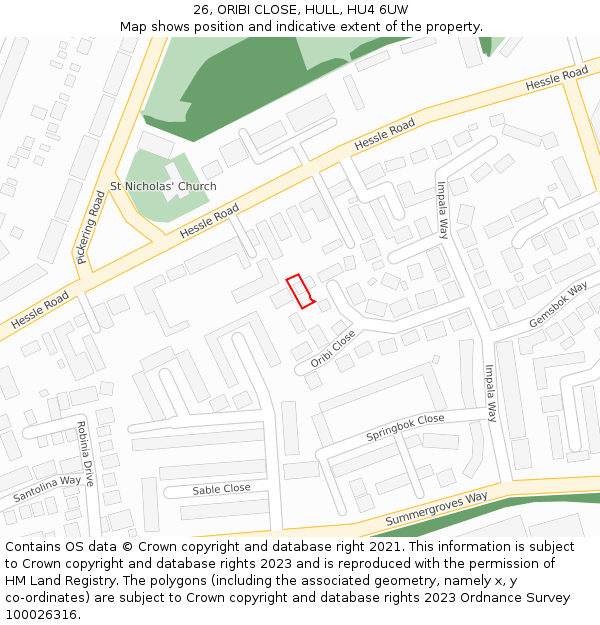 26, ORIBI CLOSE, HULL, HU4 6UW: Location map and indicative extent of plot