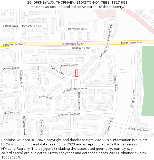 26, ORKNEY WAY, THORNABY, STOCKTON-ON-TEES, TS17 8GE: Location map and indicative extent of plot
