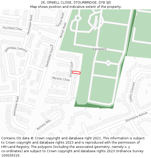 26, ORWELL CLOSE, STOURBRIDGE, DY8 3JS: Location map and indicative extent of plot