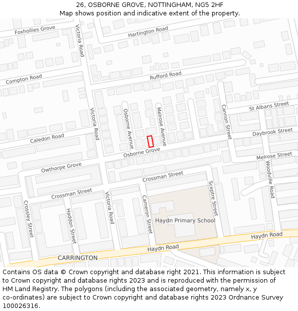 26, OSBORNE GROVE, NOTTINGHAM, NG5 2HF: Location map and indicative extent of plot