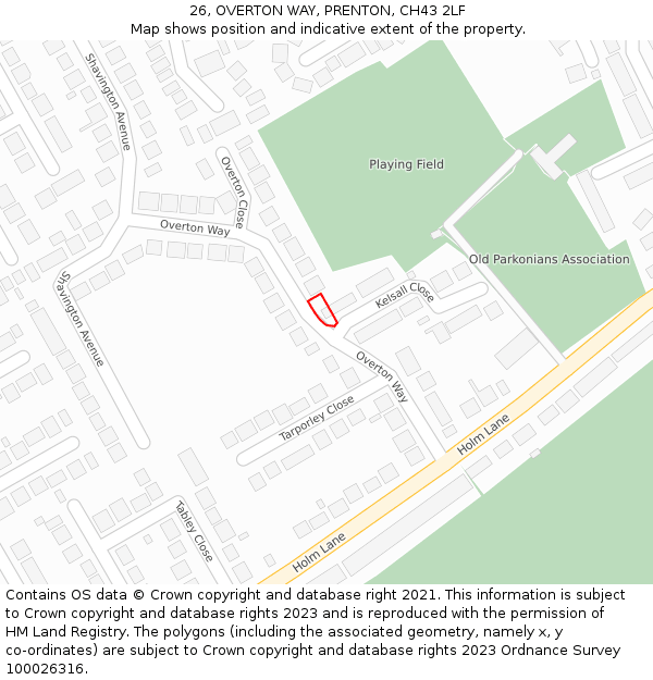 26, OVERTON WAY, PRENTON, CH43 2LF: Location map and indicative extent of plot
