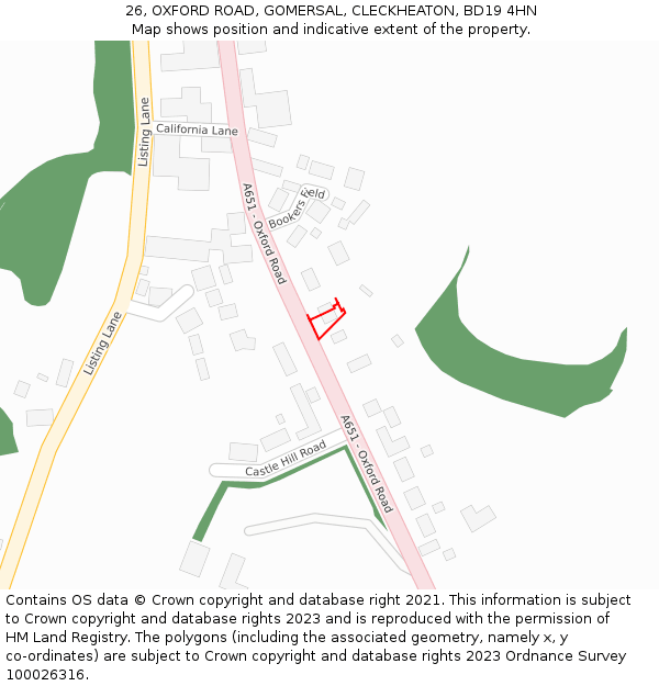 26, OXFORD ROAD, GOMERSAL, CLECKHEATON, BD19 4HN: Location map and indicative extent of plot