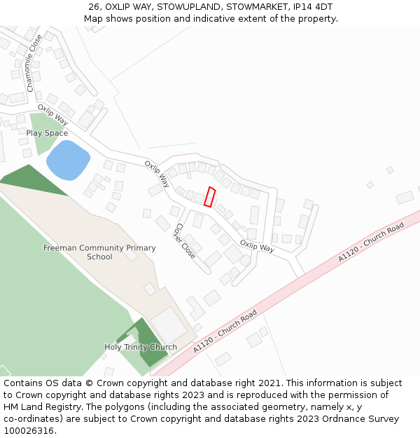 26, OXLIP WAY, STOWUPLAND, STOWMARKET, IP14 4DT: Location map and indicative extent of plot