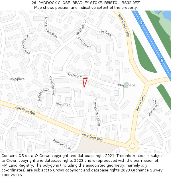 26, PADDOCK CLOSE, BRADLEY STOKE, BRISTOL, BS32 0EZ: Location map and indicative extent of plot