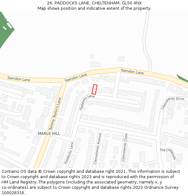 26, PADDOCKS LANE, CHELTENHAM, GL50 4NX: Location map and indicative extent of plot