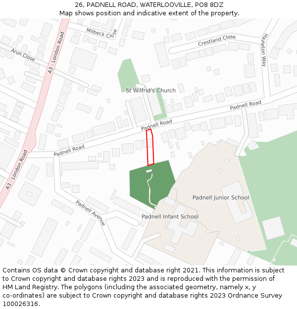 26, PADNELL ROAD, WATERLOOVILLE, PO8 8DZ: Location map and indicative extent of plot